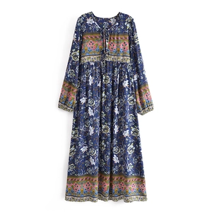 Women Bohemian Floral Viscose Midi Dress V Neck Tie Front Loose Long Sleeve Ethnic Print Casual Vacation Long Dress