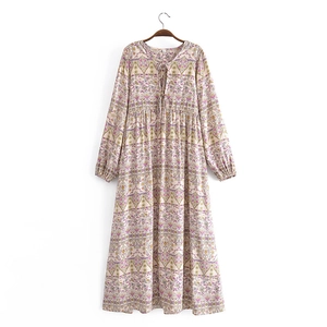 Bohemian Floral Paisley Print V-Neck Tassel Maxi Dress For Women Long Sleeve Smocked High Waist Flowy Beach Vacation Dress