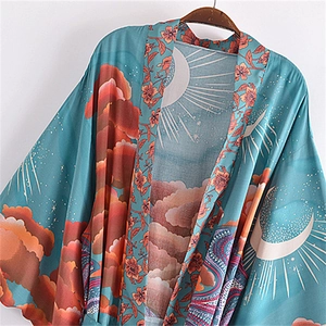 Floral print kimono cardigan for women with retro Japanese patterns and waist belt