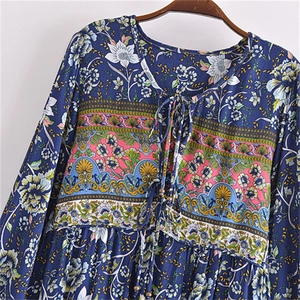 Bohemian V-neck floral midi dress with tassels and ethnic print in dark blue