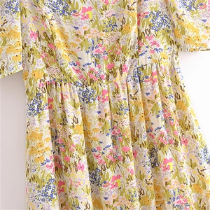 French vintage floral puff sleeve dress with square neck and ink print design
