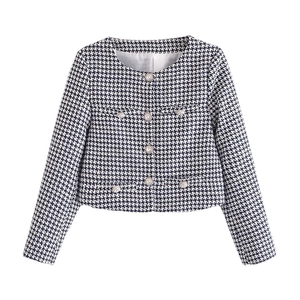 Women Round Neck Houndstooth Tweed Jacket With Jewel Buttons Vintage Long Sleeve Outerwear Casual Plaid Coat For Fall