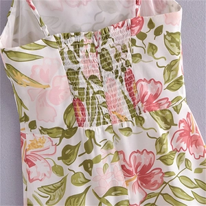 Detail view of the elastic smocked back and floral print on white summer dress