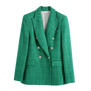 Green tweed double-breasted blazer for women with classic notch lapel and metal buttons