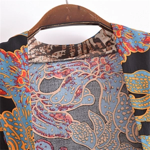 Close-up of retro bohemian floral print neckline on long-sleeve cotton cardigan dress