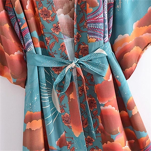 Floral print kimono cardigan with belt, featuring clouds and flower patterns in teal green