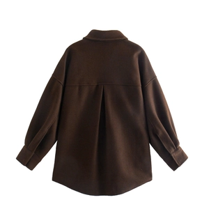 Back view of brown wool oversized shacket with drop shoulders and center back pleat