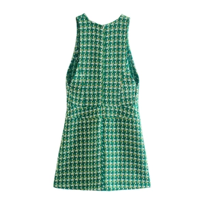 Abito a trapezio senza maniche in tweed verde e bianco con trama in maglia