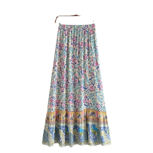 Bohemian floral A-line maxi skirt with blue peacock pattern and elastic high waist