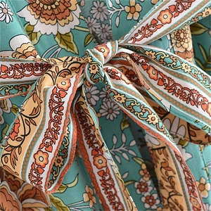 Bohemian floral rayon kimono dress with waist tie and orange flower print details
