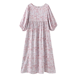 Abito Lungo da Donna con Stampa Floreale Vintage in 100% Viscosa Maniche a Lanterna Girocollo Vita Alta Casual Boho