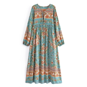 Robe Longue de Style Bohème à Imprimé Floral pour Femme 100% Viscose Manches Longues Col en V Glands à Nouer Taille Haute