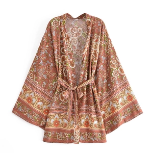 Vestito Mini Kimono da Donna in Stile Bohémien con Stampa Floreale e Cavallo con Cintura Manica Lunga Stile Etnico