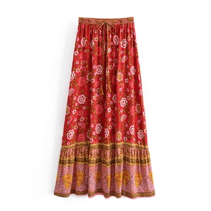 Gonna Maxi Donna in Cotone Floreale Bohemienne Vita Alta Elastica con Volant Gonna con Coulisse a Nappa Rosso Etnico
