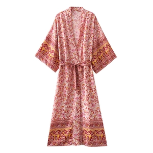 Abito Lungo Kimono Stampa Floreale Bohemien Bordo Etnico Motivo Cammello Laccio Vita Manica Lunga Scollo a V Donna Mare