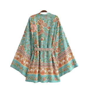 Mint green bohemian floral print kimono cardigan with long sleeves and matching tie belt