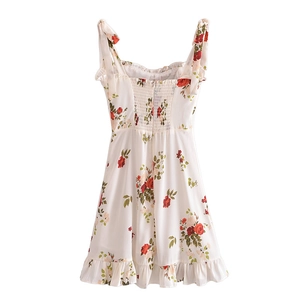 French vintage floral midi dress with red rose print and ruffles on white chiffon