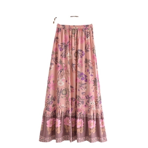 Boho floral cotton maxi skirt with tassel tie and tiered ruffled hem for summer wear