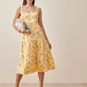 Robe Midi Femme Style Français Imprimé Citron Carreaux Bretelles à Volants Gingham Robe d'été pour Vacances Fête Robe Casual