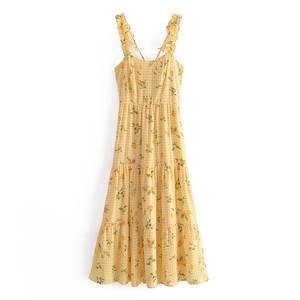 Robe d'été style français à carreaux avec imprimé citron et bretelles à volants