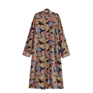 Long kimono cardigan with floral print, bird motifs and leopard patchwork sleeves