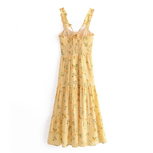 Robe d'été à carreaux jaunes avec motif citron, bretelles volantées et jupe à étages