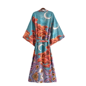 Bohemian style lake blue floral kimono dress with wide sleeves and waist tie belt