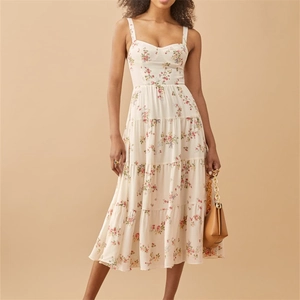 Robe Midi à Étages Imprimé Floral Vintage Français pour Femmes Sexy Sans Manches Taille Haute Froncée Robe d'Été en Polyester