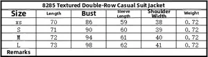 Size chart for slim fit double breasted blazer showing length, bust, and sleeve measurements