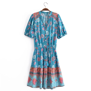 Women Bohemian Floral V Neck Midi Dress Rayon Short Sleeve Drawstring Waist Tassel Casual Summer Beach Vacation Dress