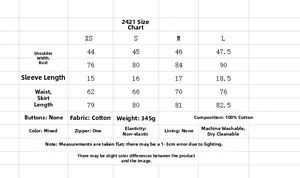 Tableau des tailles pour robe courte à col en V avec mesures et détails du tissu en coton