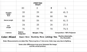 Detailed size chart for long sleeve slim jacket with specific measurements for XS to L