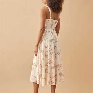 Détail du dos smocké et de la robe midi fleurie à volants avec de fines bretelles