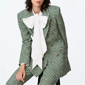 Women Houndstooth Double Breasted Blazer Vintage Green White Tweed Jacket With Gold Buttons Notch Lapel Slim Fit Outerwear