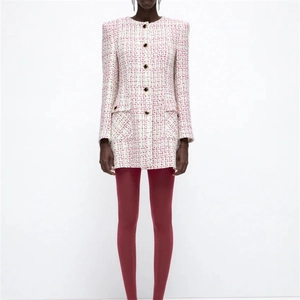 Women's Elegant Mid-Long Tweed Jacket Round Neck Single Breasted Pink White Plaid Slim Fit Outerwear Office Lady Style Coat