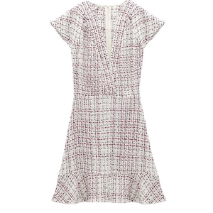 Robe courte en tweed à manches courtes avec col en V, motif à carreaux et coupe en A
