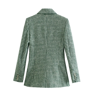 Women's green and white houndstooth tweed blazer featuring slim fit and golden button cuffs