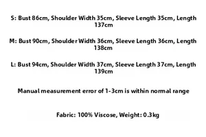 Size chart for viscose maxi dress showing bust, shoulder, and sleeve length measurements