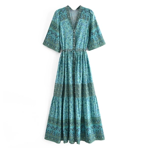 Bohemian Floral Print 100% Viscose Maxi Dress For Women Ethnic Elephant Pattern High Waist Button Down Short Sleeve V Neck Vacation Resort Gown