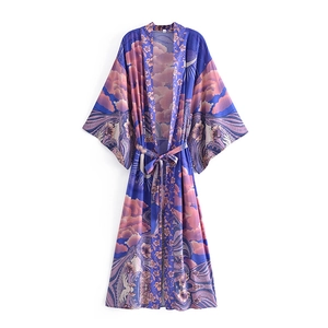 Robe Longue Kimono en Viscose à Imprimé Floral pour Femme Manches Longues Col en V Robe Peignoir pour Vacances