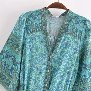 Bohemian V-neck button-down floral dress with ethnic camel print in teal blue