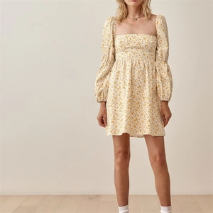 French Vintage Square Neck Puff Sleeve Floral Mini Dress For Women High Waist Smocked A-Line Spring Autumn Casual Dress