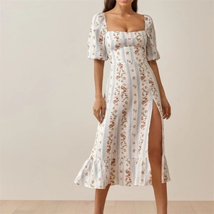 Robe Midi Style Français Col Carré Floral Fendue Manches Bouffantes Ourlet à Volants Sexy Slim Fit Femme Été