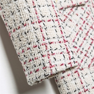 Slim fit cream tweed jacket with pink and black woven textures and round neck for women