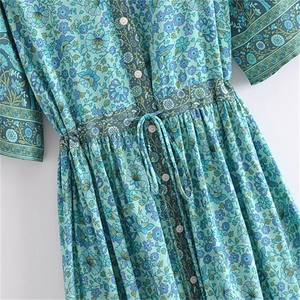Bohemian floral printed maxi dress with button front and drawstring waist in mint green