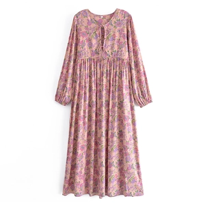 Bohemian Floral Maxi Dress Women 100% Viscose V Neck Tassel High Waist Pleated Long Sleeve Retro Beach Vacation Dress