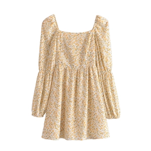 French vintage floral long sleeve dress with square neck and puffed sleeves in cream