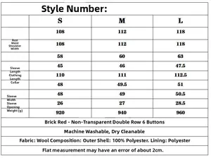 Size chart for wool coat showing S, M, L dimensions including chest, length and fabric details