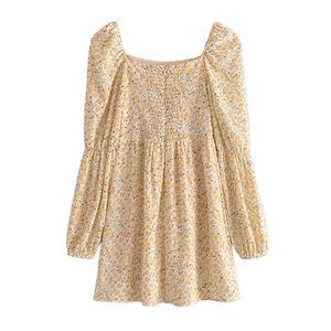 French vintage floral mini dress with square neck, puff sleeves, and smocked waist detail