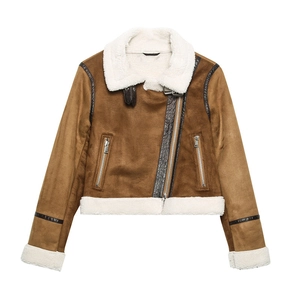 Women Casual Faux Suede Moto Jacket With Faux Lamb Wool Lapel Zipper Short Aviator Coat Streetwear Outerwear